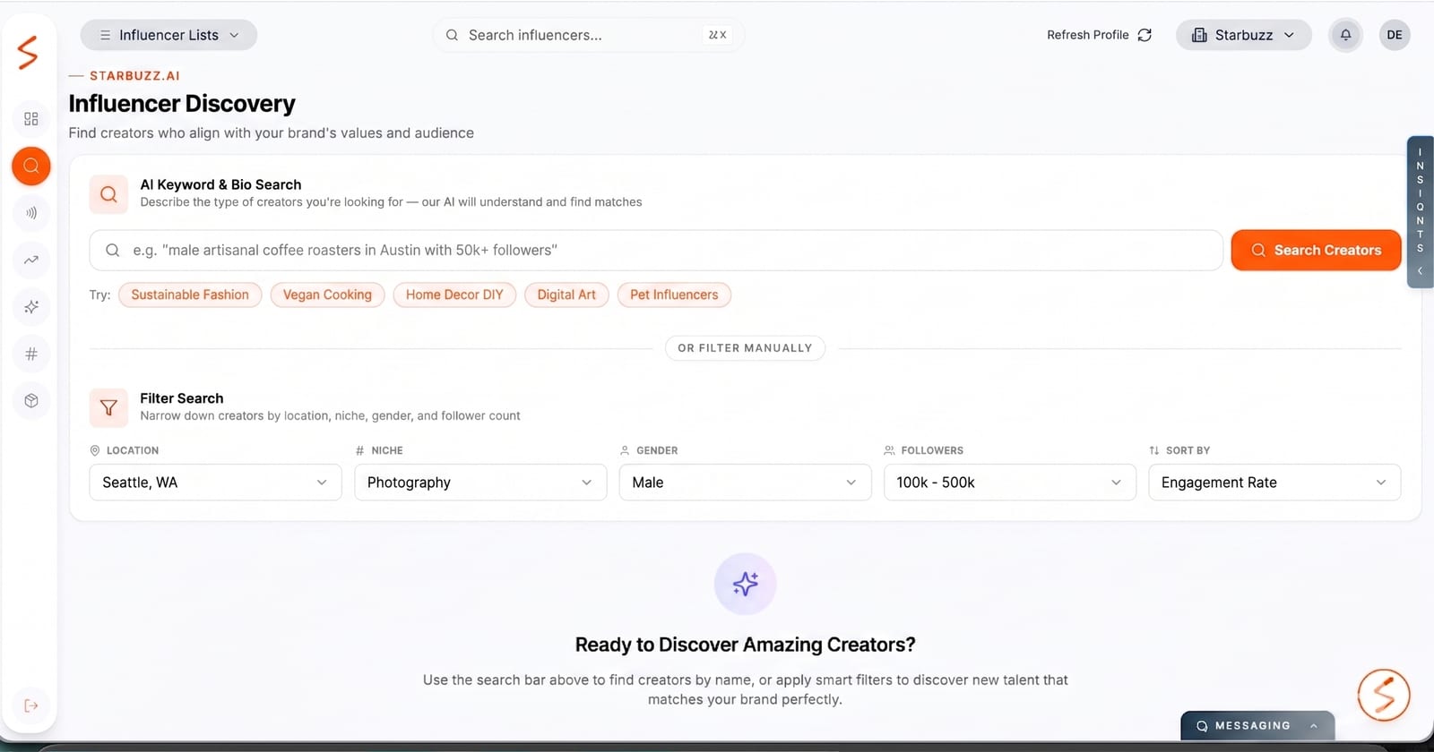 Starbuzz.ai Influencer Discovery dashboard showing AI keyword search, manual filters, and creator shortlists